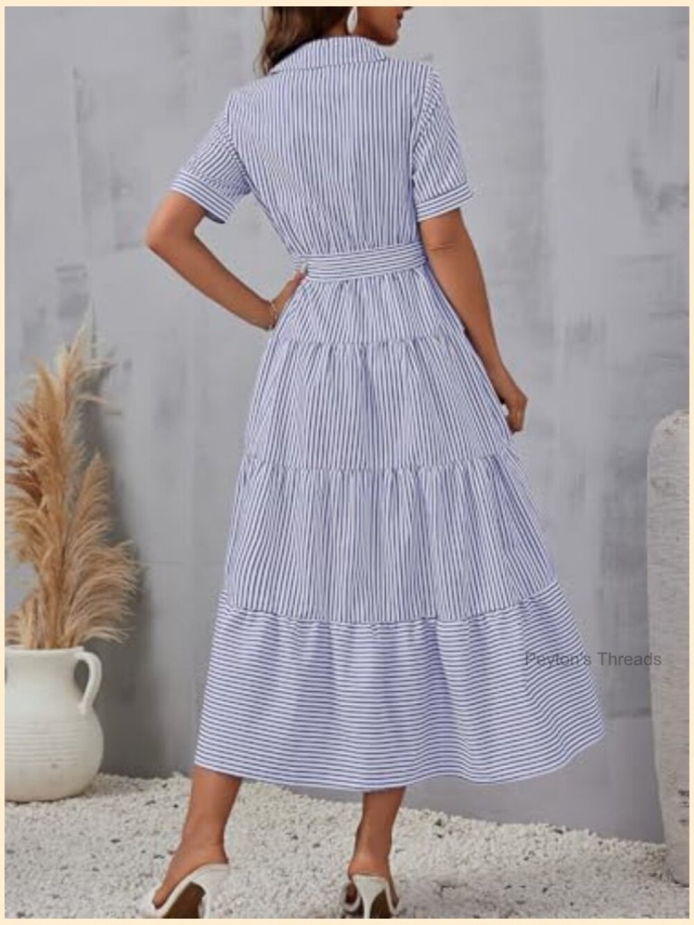 Women's Boho Striped Cotton Shirt Dress Button Down Flowy Maxi with Pockets - Picture 3 of 5